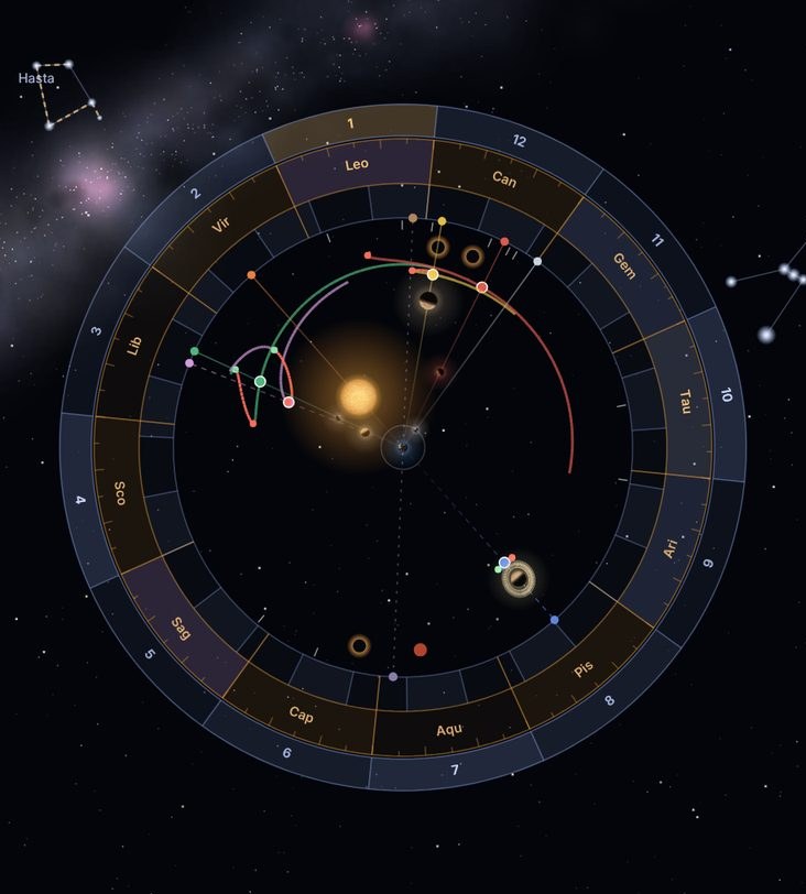 The 3D sky view: planets on their orbits inside the zodiac and nakshatr rings